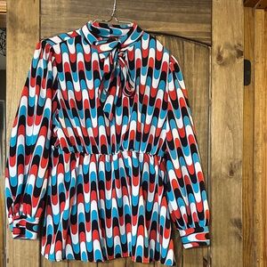 SHEIN Vibrant Red Blue Black Patterned Blouse